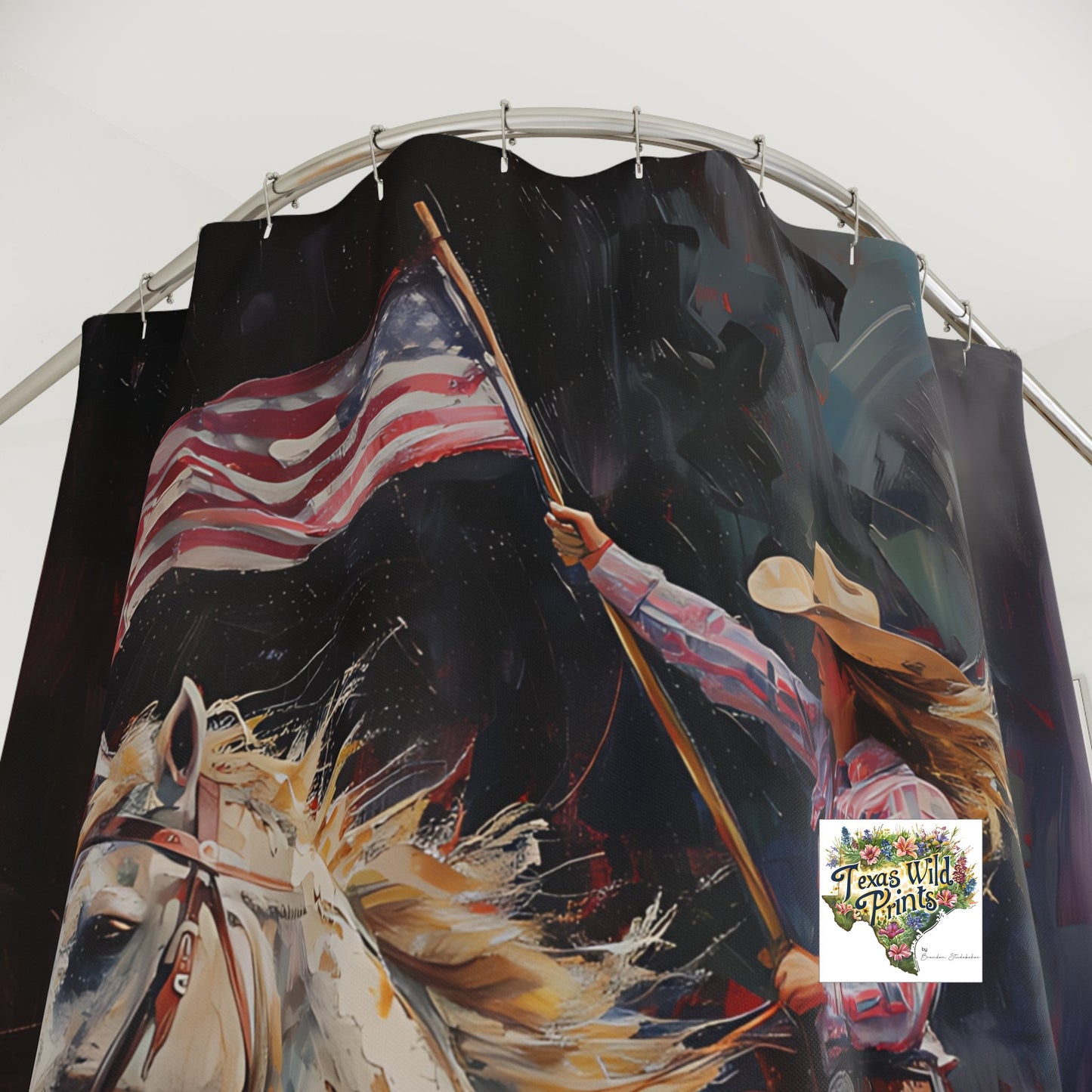 Cowgirl American Flag Shower Curtain Patriotic Rodeo Horse Art Rustic Country Bath Decor Unique Western Gift 71x74 Inch Texas Pride