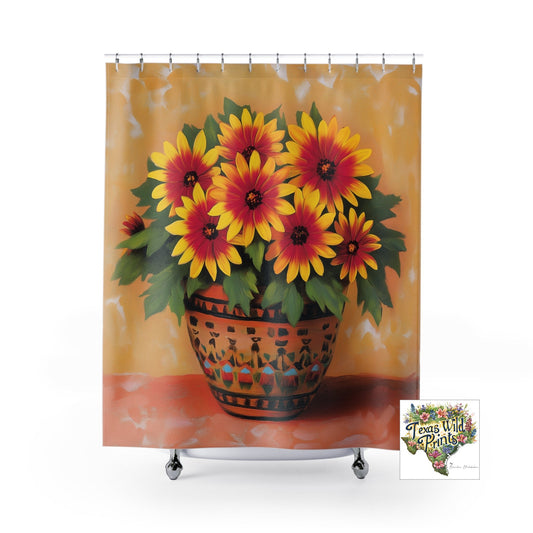 Indian Blanket Wildflower Shower Curtain Southwestern Floral Art 71x74 Inch Rustic Bath Decor Terracotta Pot Print Unique Mother's Day Gift Texas Wildflowers