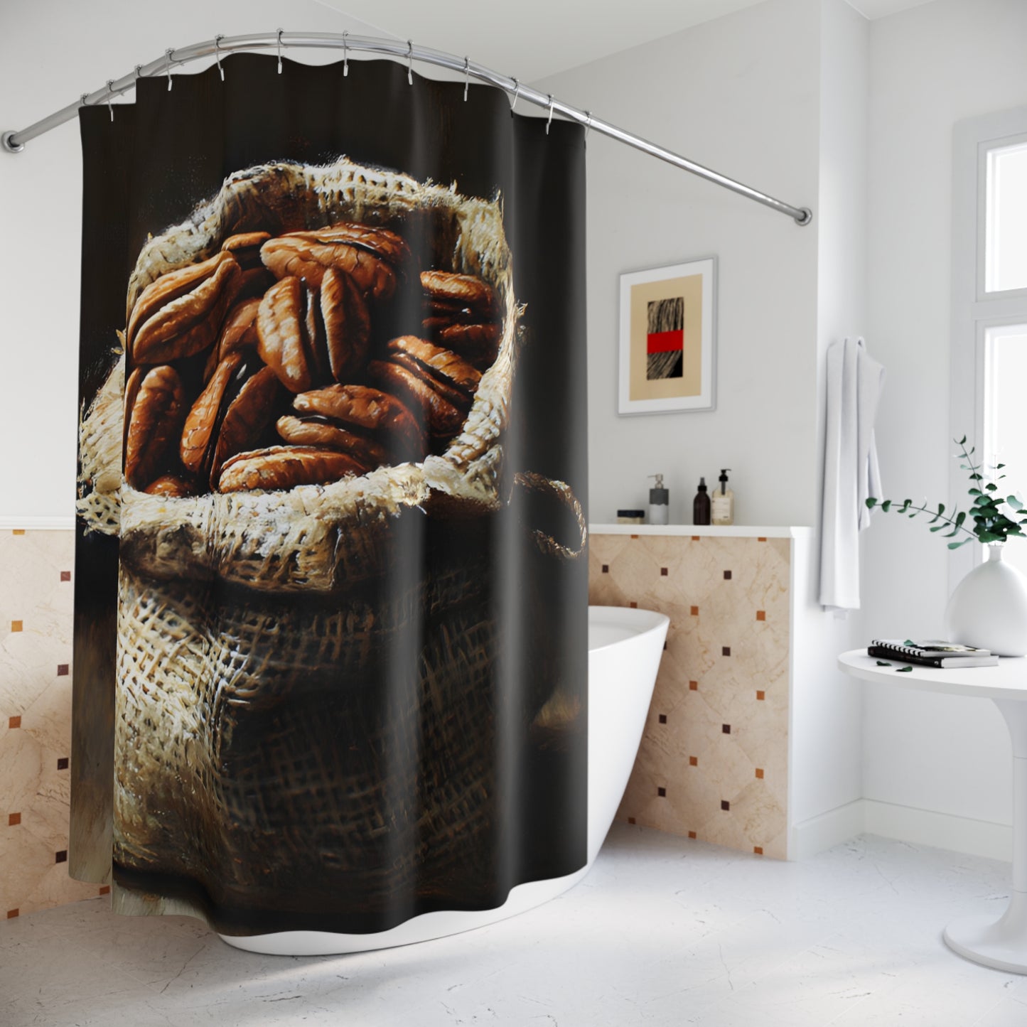 Pecan Filled Burlap Sack Shower Curtain Unique Still Life Art Print 71x74 Inch Rustic Farmhouse Minimalist Gift for Artist Home Accent Kitchen Bath