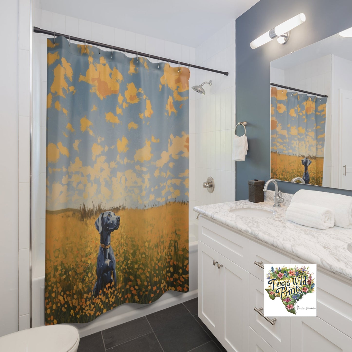 Cheerful Dog in Field Shower Curtain Custom Made MTO 71x74 Polyester Whimsical Bathroom Art Sunny Wildflower Landscape Bathroom Decor