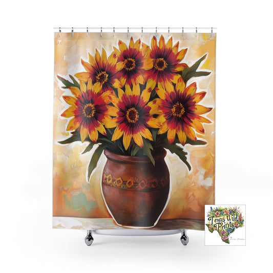Unique Southwestern Wildflower Shower Curtain Red Yellow Indian Blanket Rustic Pot Farmhouse Bath Decor Rustic Home Gift 71x74 Inch Texas Wildflowers