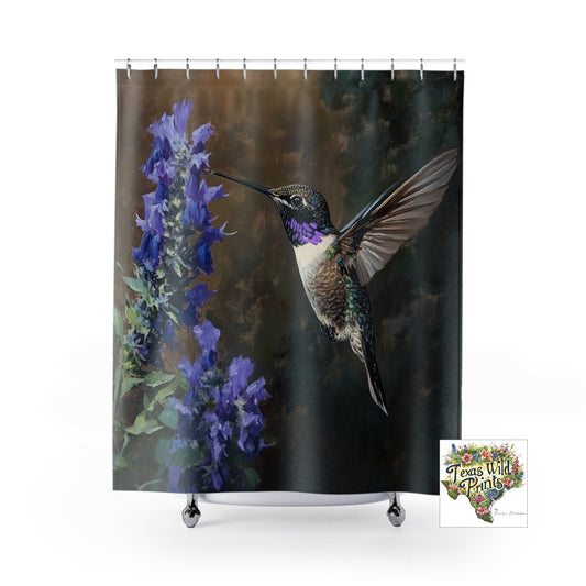 Rideau de douche à imprimé colibri et sauge | 74"x71" | Décor de campagne française