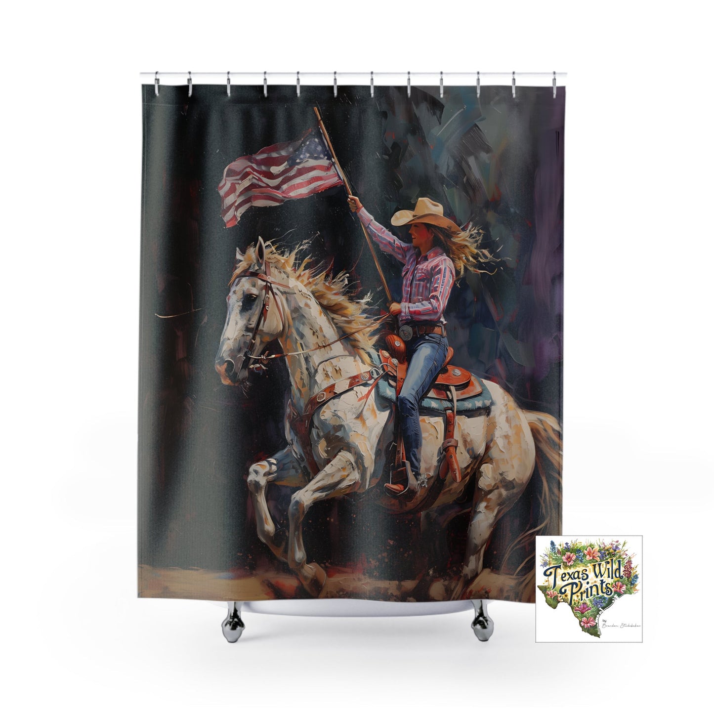 Cowgirl American Flag Shower Curtain Patriotic Rodeo Horse Art Rustic Country Bath Decor Unique Western Gift 71x74 Inch Texas Pride