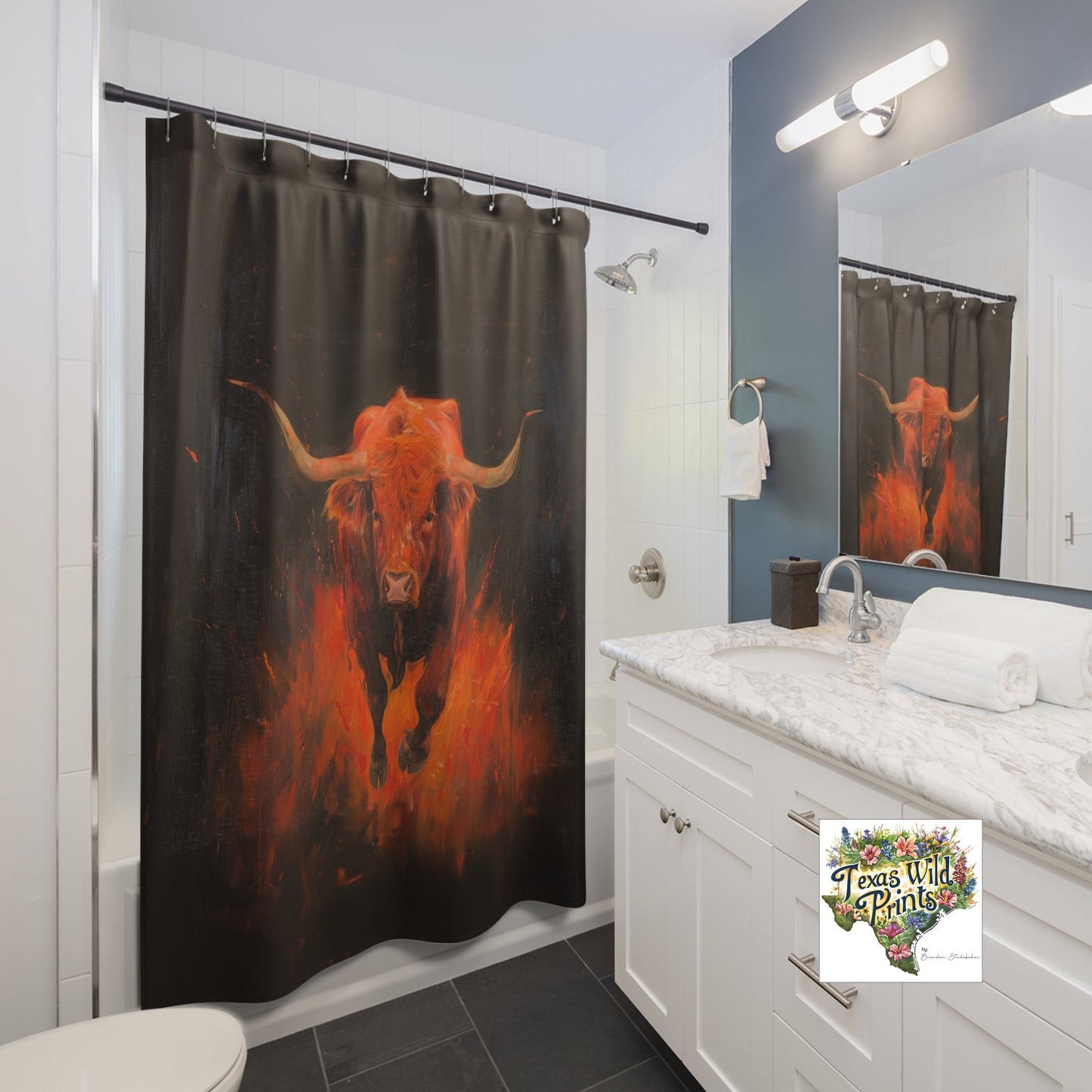 Red Hot Texas Longhorn Bull Shower Curtain 71x74 Western Home Decor Modern Rustic Ranch Interior Design Unique Gift for Cowboy Southwestern Flair