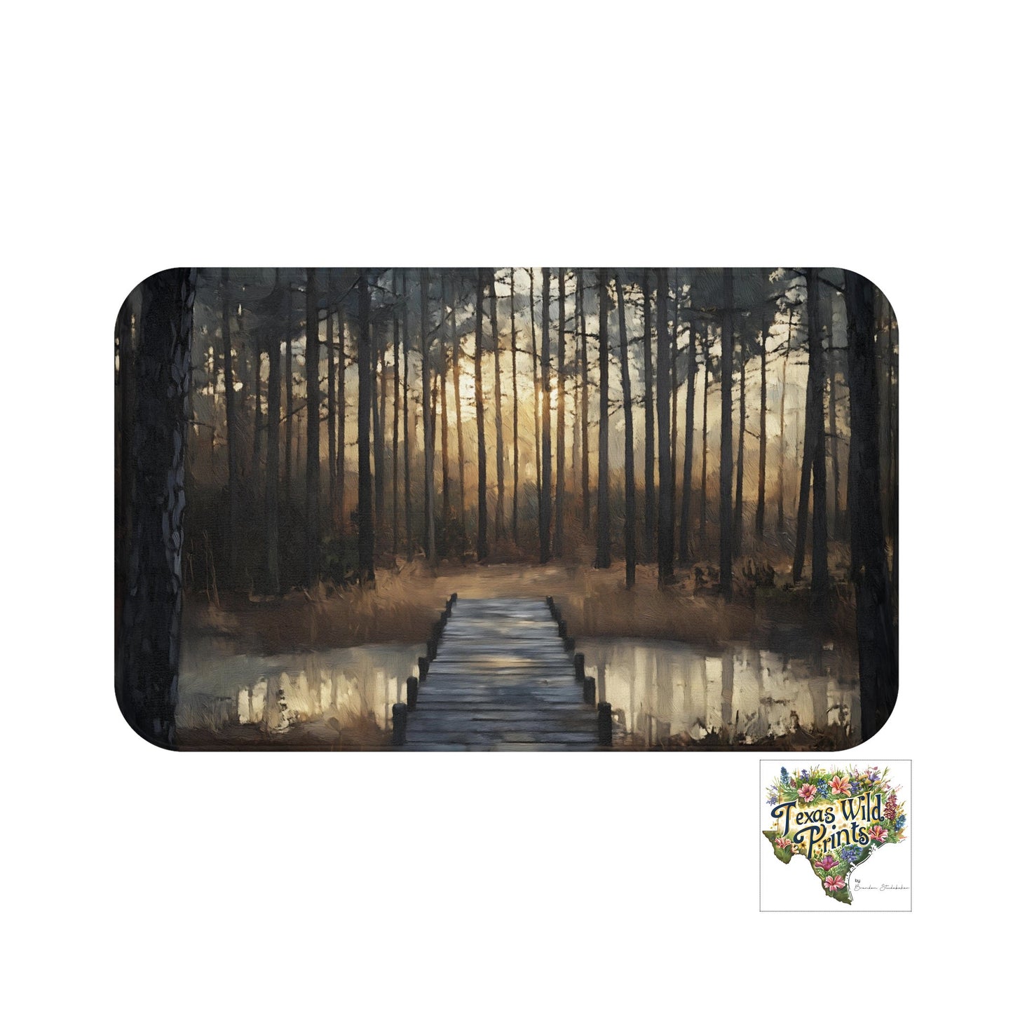 Calm Pond Pinewood Forest Landscape Scene Print Bath Mat Premium Rustic American Interior Design 24x17 34x21