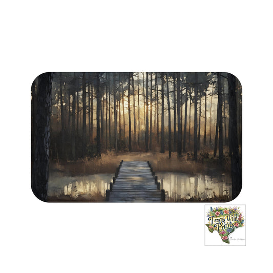 Calm Pond Pinewood Forest Landscape Scene Print Bath Mat Premium Rustic American Interior Design 24x17 34x21