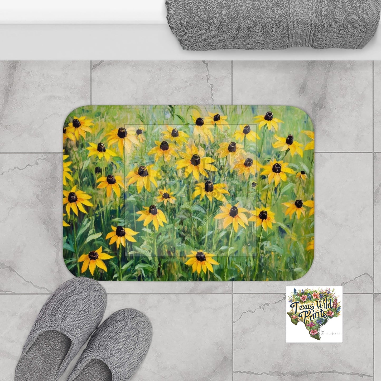 Blooming Black-eye Susan Texas Wildflower Bath Mat Floral Art Print Premium Memory Foam Soft Microfiber Bathroom Decor 24x17 34x21