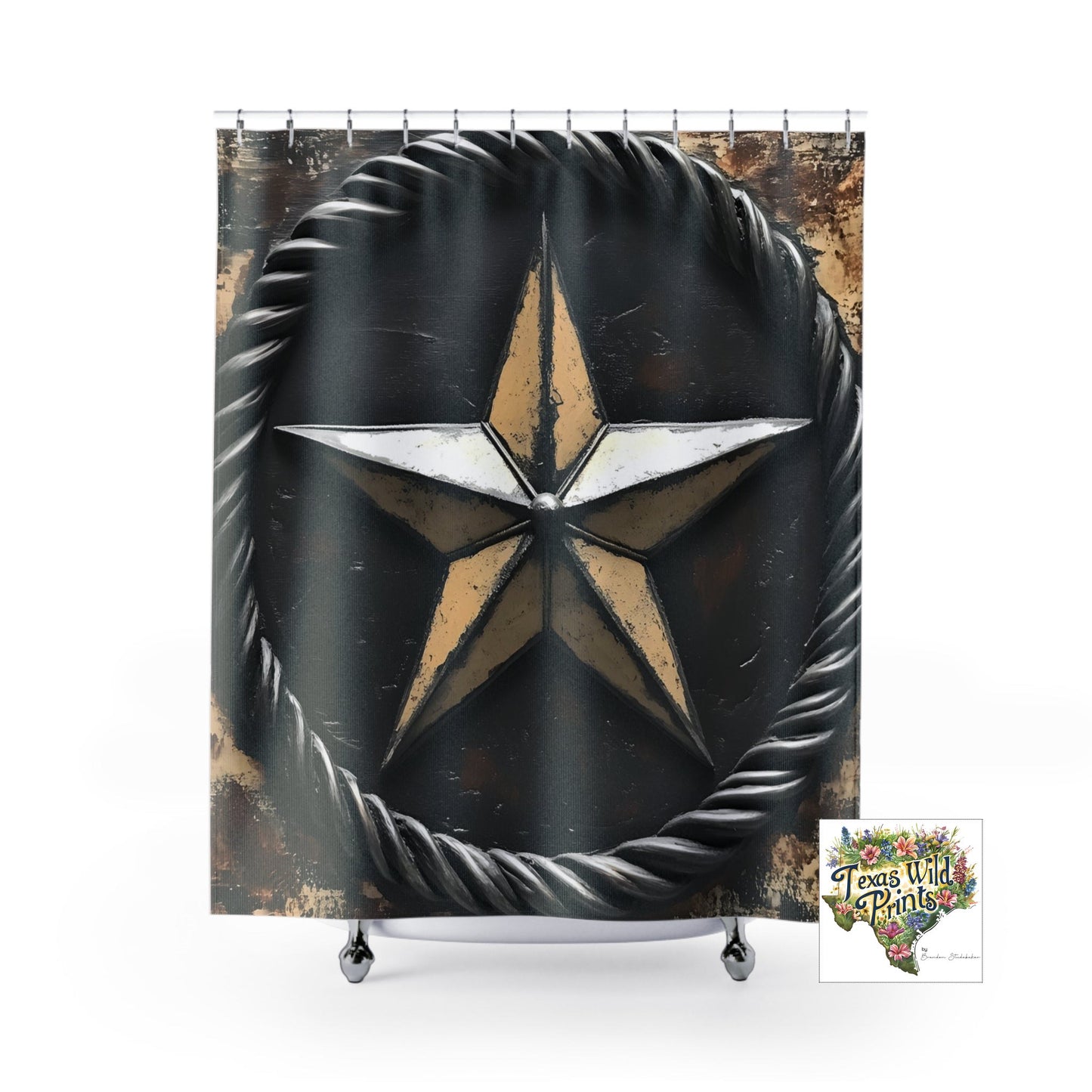 Metallic Pewter Lone Star Shower Curtain Texas History Decor 71x74 Vintage Rustic Southwestern Bathroom Accent Southern Country Pride