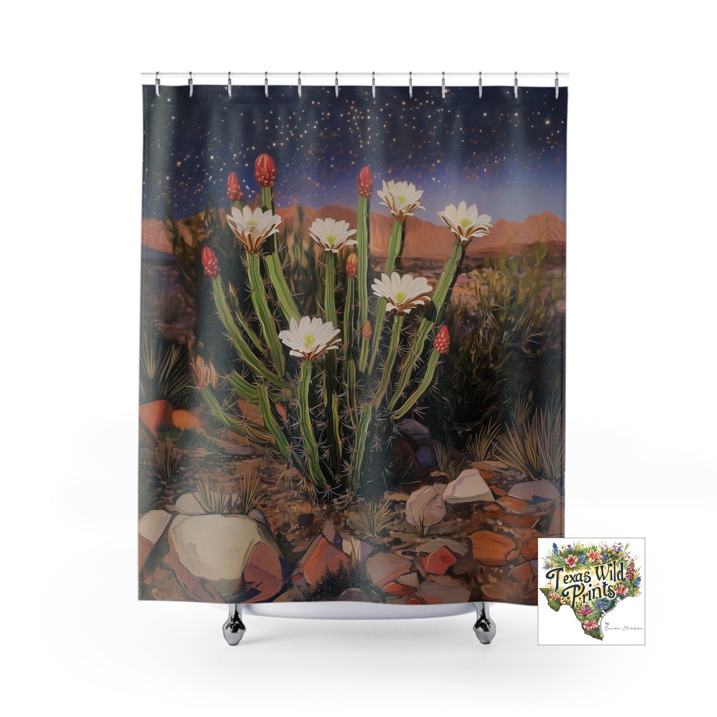 Starry Night Cactus Flower Shower Curtain Custom Made MTO 71x74 Polyester Bohemian Bath Decor Southwestern Bathroom Art