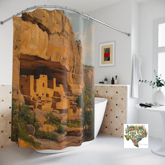 Indian Inspired Custom Southwestern Shower Curtain Ancient Cliff Dwelling Art MTO 71x74 Fabric Rustic Bathroom Decor Long Lasting Design