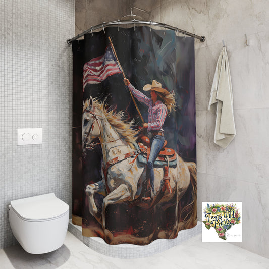Cowgirl American Flag Shower Curtain Patriotic Rodeo Horse Art Rustic Country Bath Decor Unique Western Gift 71x74 Inch Texas Pride