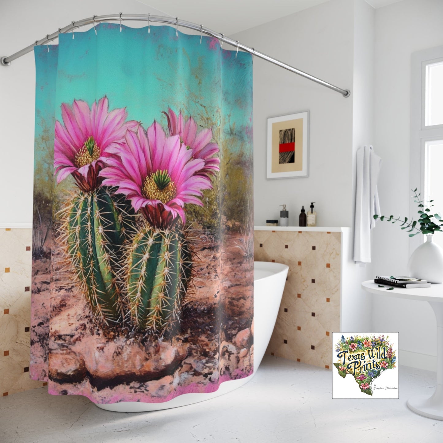 Pink Hedgehog Cactus Shower Curtain Southwestern Floral Print 71x74 Inch Desert Botanical Bathroom Decor Succulent Lover Gift Unique Nature Art
