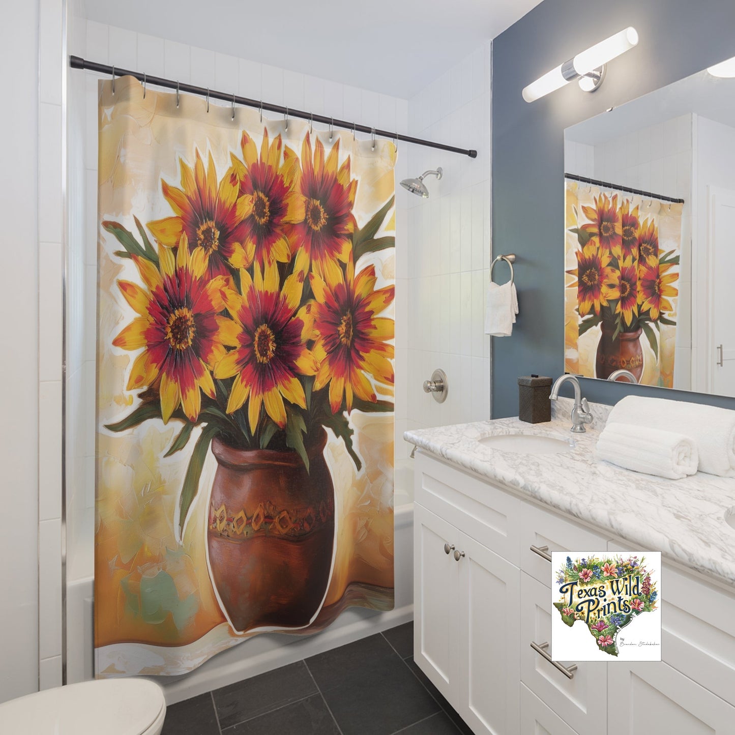 Unique Southwestern Wildflower Shower Curtain Red Yellow Indian Blanket Rustic Pot Farmhouse Bath Decor Rustic Home Gift 71x74 Inch Texas Wildflowers