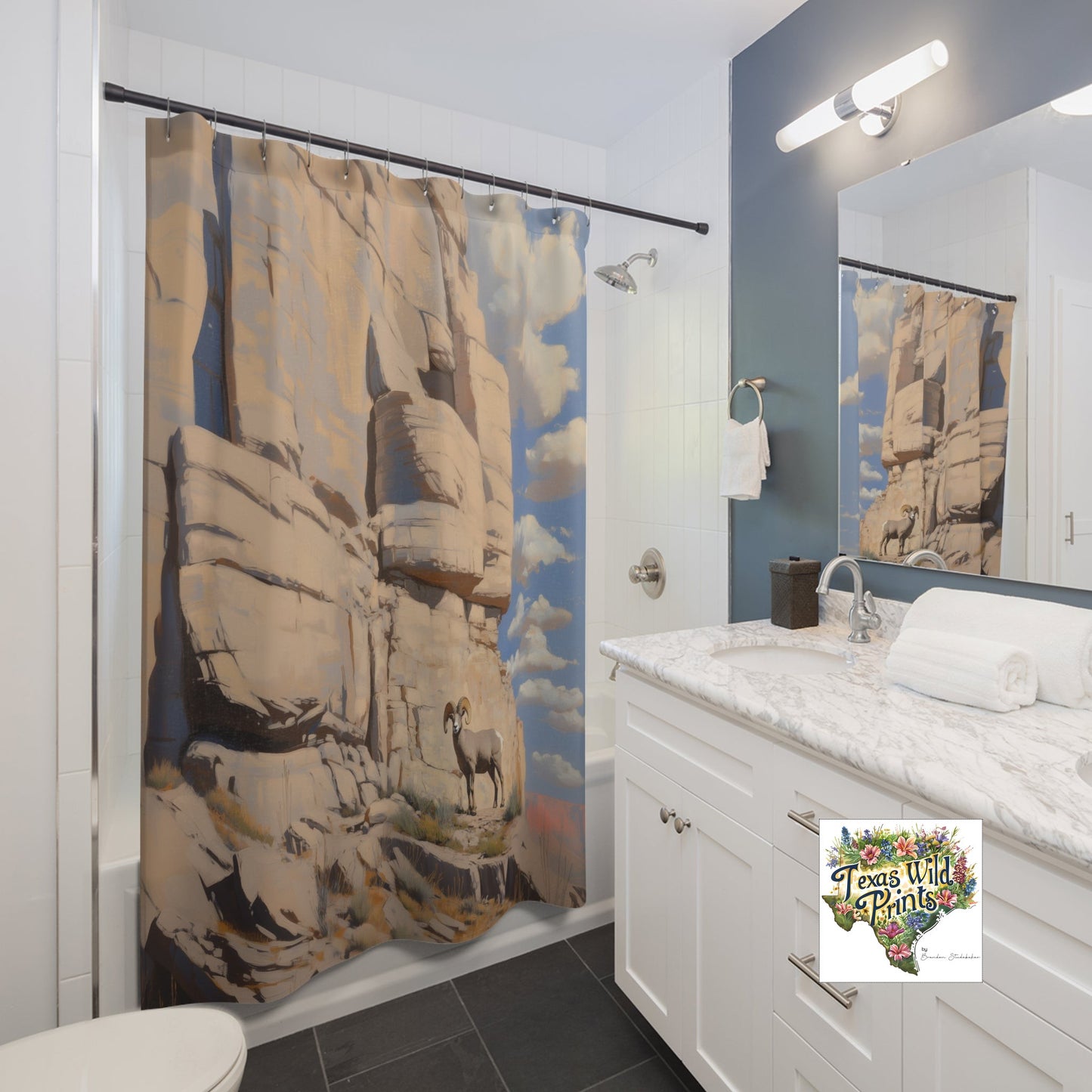 Custom Bighorn Sheep Shower Curtain Original Mountain Animal Art MTO 71x74 Fabric Rustic Cabin Bathroom Decor Cool Gifts for Men