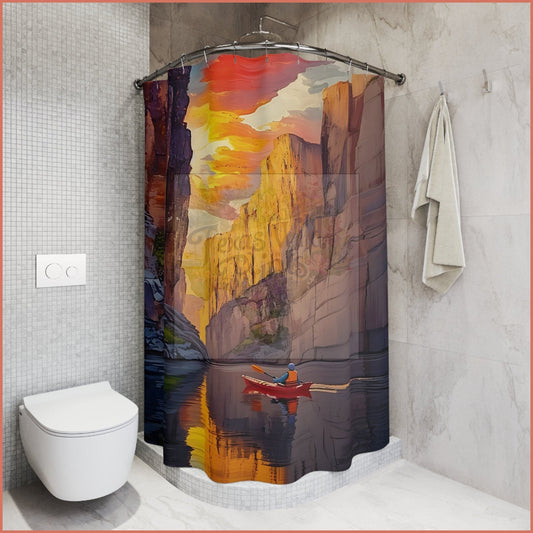 Canyon & Kayak Shower Landscape Print Shower Curtain | 71”x74” | Mountain, Lodge, Cottagecore Style