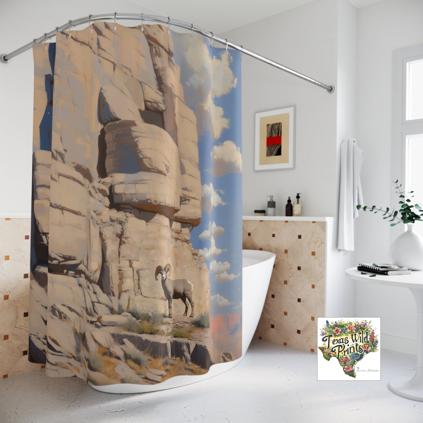 Custom Bighorn Sheep Shower Curtain Original Mountain Animal Art MTO 71x74 Fabric Rustic Cabin Bathroom Decor Cool Gifts for Men