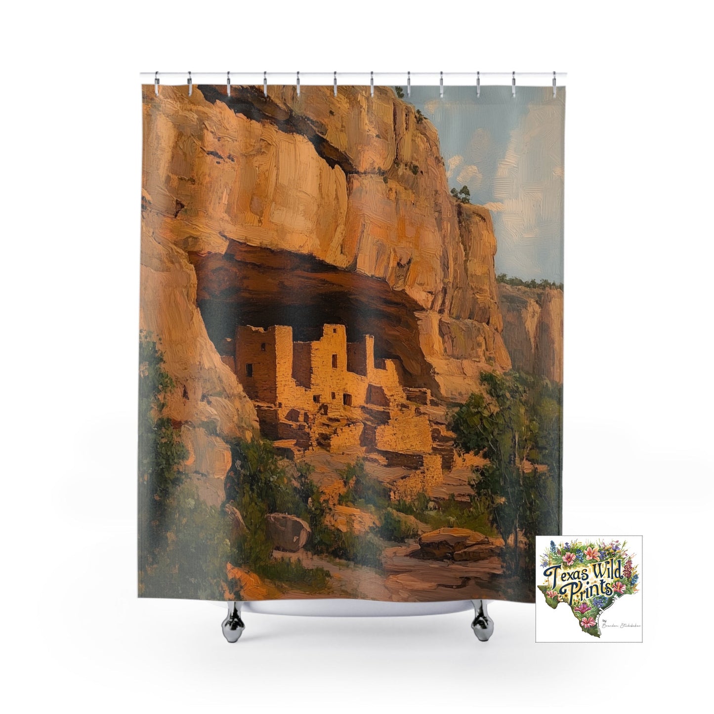 Indian Inspired Custom Southwestern Shower Curtain Ancient Cliff Dwelling Art MTO 71x74 Fabric Rustic Bathroom Decor Long Lasting Design