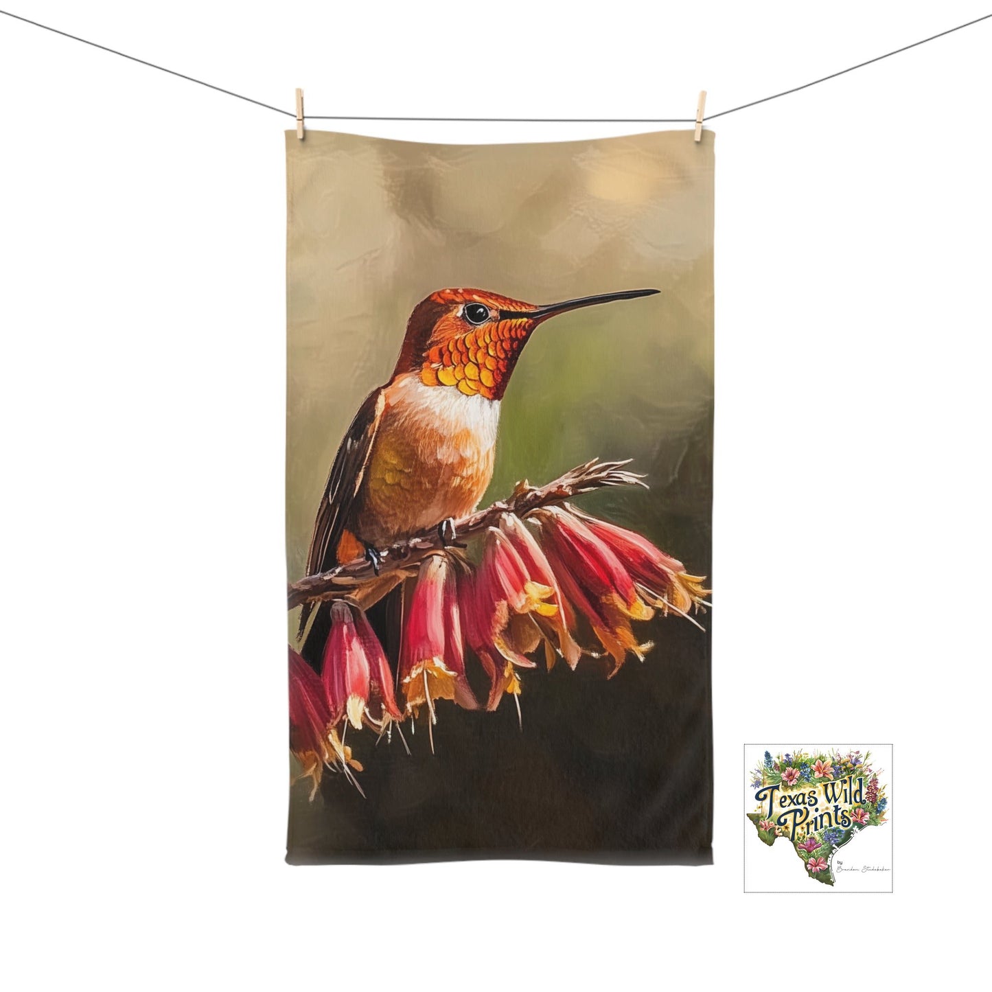 Vibrant Rufous Hummingbird Red Yucca Hand Towel Floral Animal Print Guest Towel Unique Cottagecore Shabby Chic Decor 16x28 Inch Texas Native Art