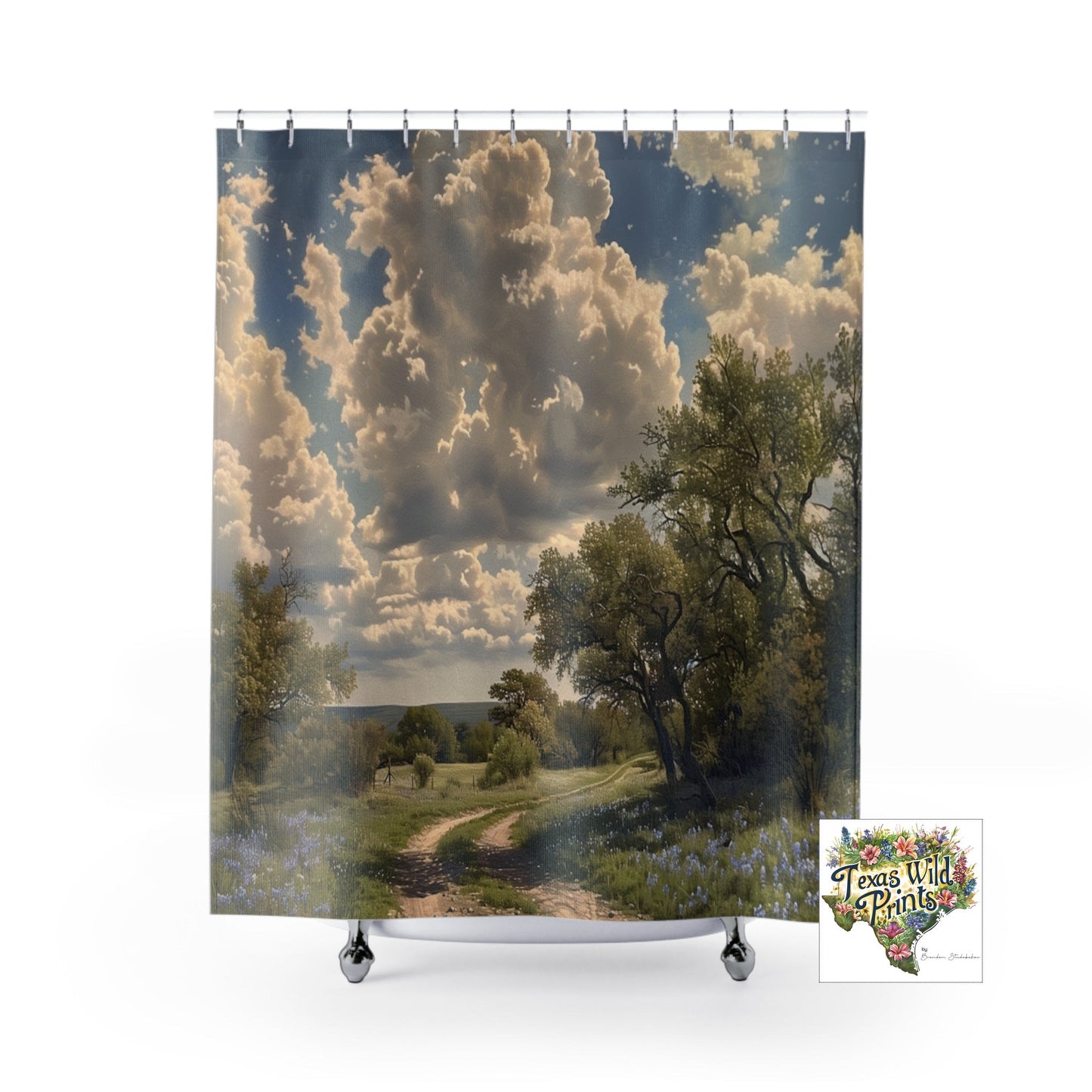 Texas Bluebonnet Landscape Shower Curtain Country Trail Art 71x74 Fabric Rustic Home Decor Floral Road Scene Beautiful Landscape Art Impressionist Style TX Wildflower Spring Bath Art