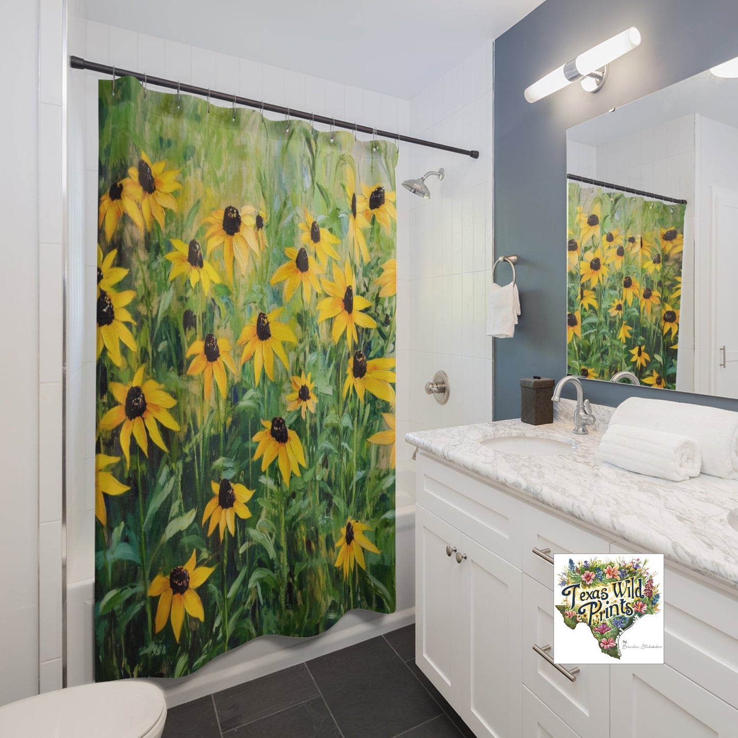 Yellow Black Eyed Susan Shower Curtain Botanical Bath Decor 71x74 Inch Texas Wildflower Print Best Gift Idea for Sister Sunny Floral Art