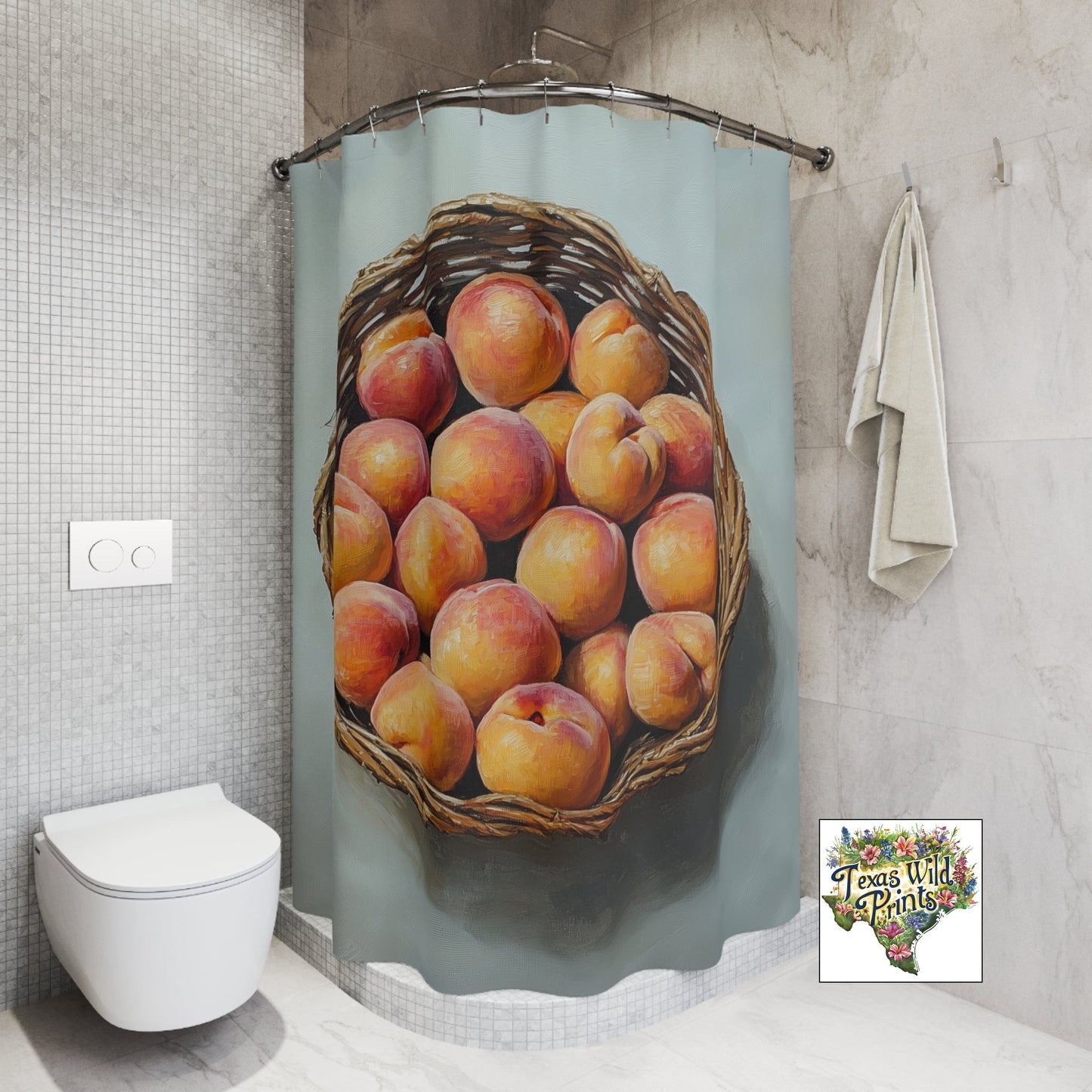 Farm Fresh Texas Peaches Interlaced Basket Print Shower Curtain Premium 71x74 Rustic Cottagecore Decor Welcoming Home Accent