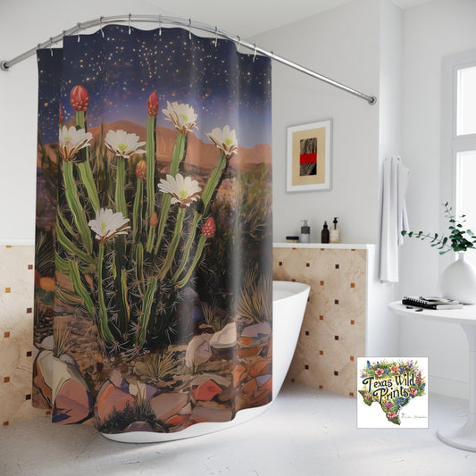 Starry Night Cactus Flower Shower Curtain Custom Made MTO 71x74 Polyester Bohemian Bath Decor Southwestern Bathroom Art