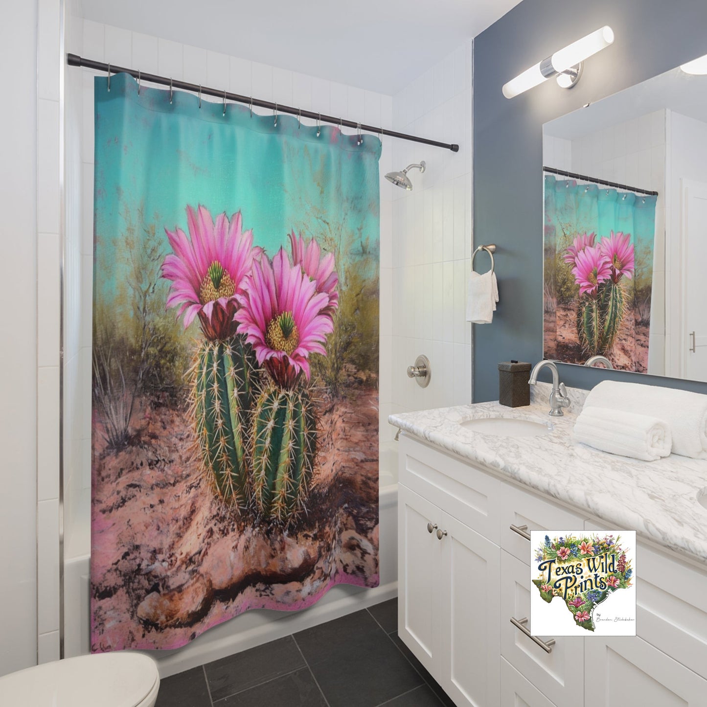 Pink Hedgehog Cactus Shower Curtain Southwestern Floral Print 71x74 Inch Desert Botanical Bathroom Decor Succulent Lover Gift Unique Nature Art