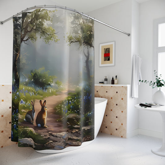 Cortina de ducha con diseño de conejo de Pascua en el bosque | 71 x 74" | Decoración de primavera y verano