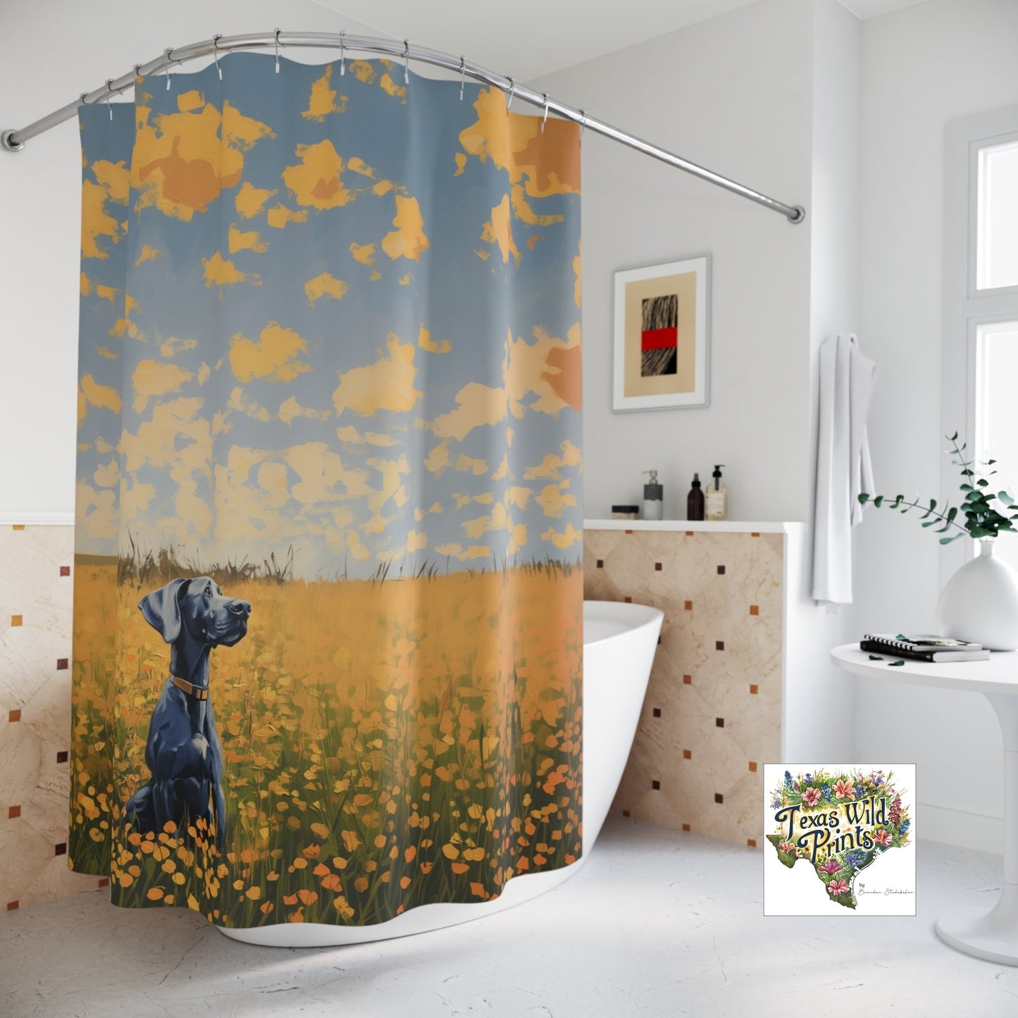 Cheerful Dog in Field Shower Curtain Custom Made MTO 71x74 Polyester Whimsical Bathroom Art Sunny Wildflower Landscape Bathroom Decor