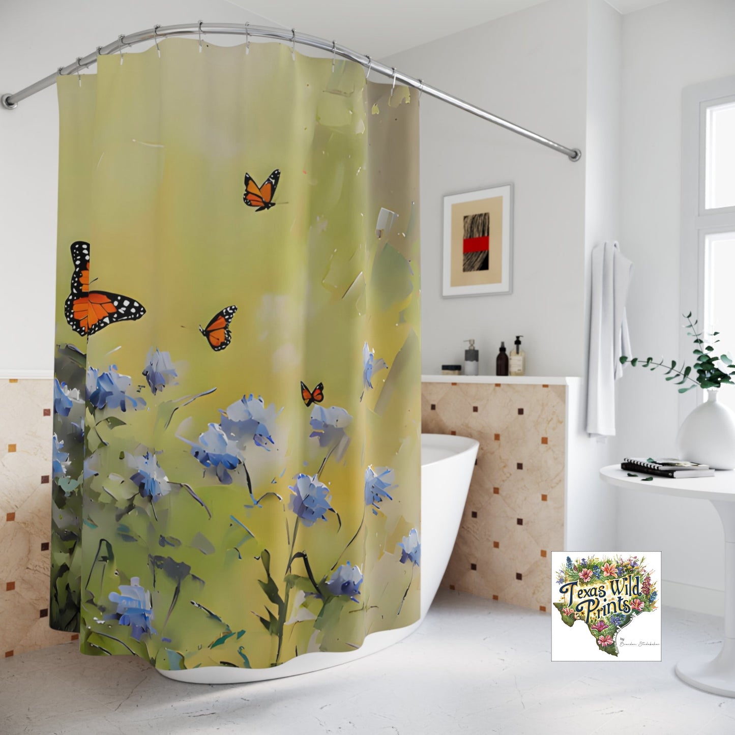 Monarch Butterfly Blue Mistflower Shower Curtain Floral Insect Decor 71x74 Inch French Country Farmhouse Whimsical Bathroom Art