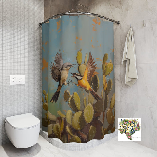 Unique Bird Fight Shower Curtain Original Mockingbird vs Kiskadee Art Long-Lasting Polyester Custom MTO 71x74 Nature Bathroom Decor