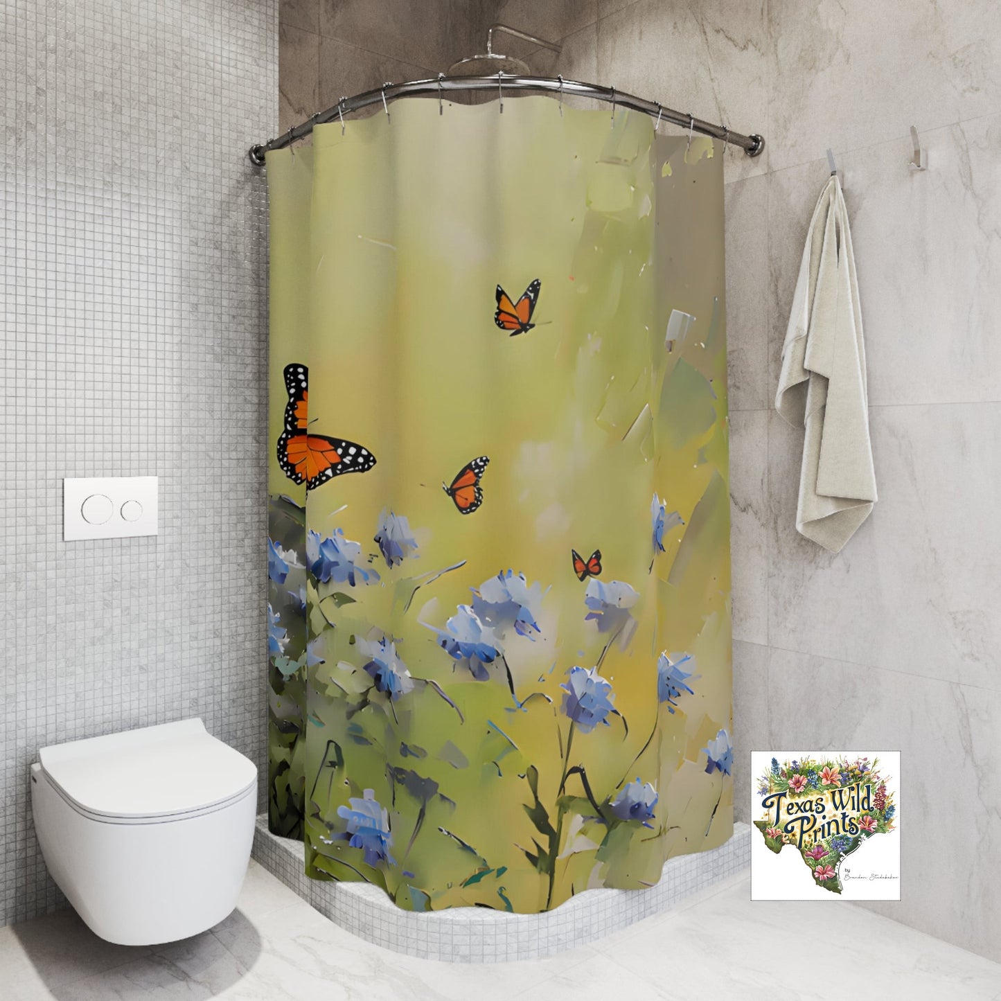 Monarch Butterfly Blue Mistflower Shower Curtain Floral Insect Decor 71x74 Inch French Country Farmhouse Whimsical Bathroom Art